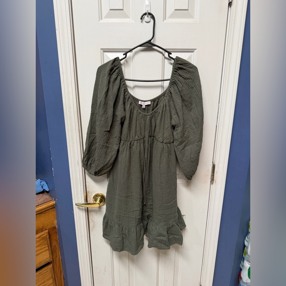 Honey & Sparkle Sage Green Textured Scoop Neck Puff Sleeves Mini Dress L